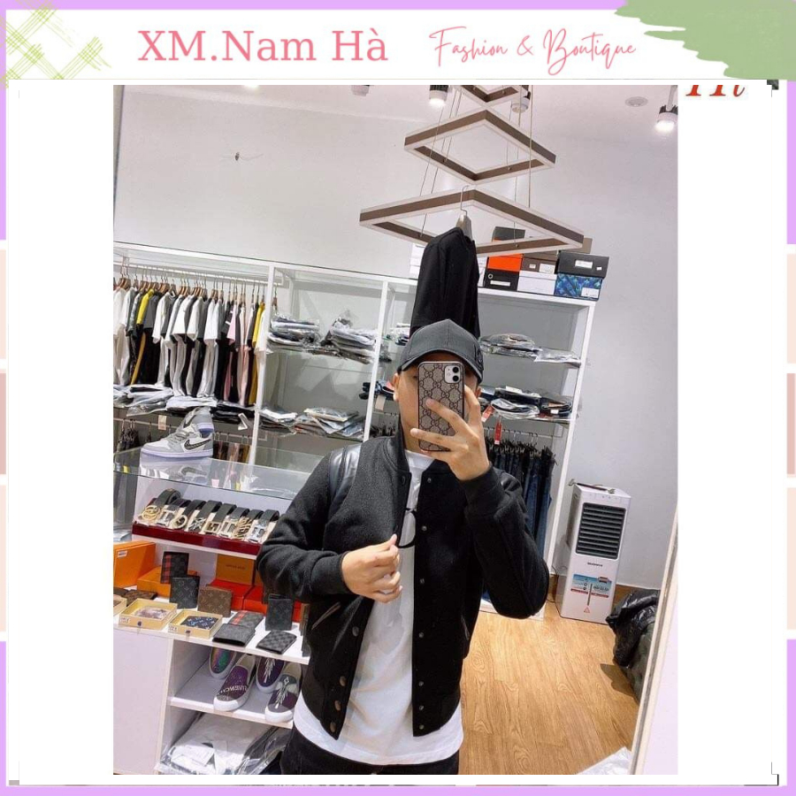 Áo khoác bomber nam chất dạ nỉ đẹp, màu đen họa tiết kẻ vai dày đẹp