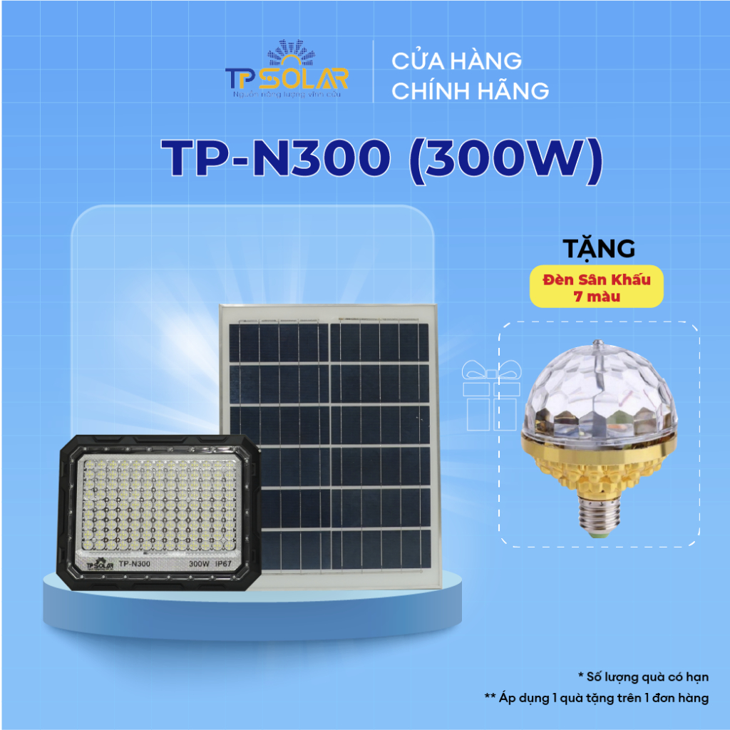 Đèn Pha Chống Chói Năng Lượng Mặt Trời TPSolar TP-N300 Công Suất 300W Cảm Biến Ánh Sáng,Chống Nước IP67, Bảo Hành 3 Năm