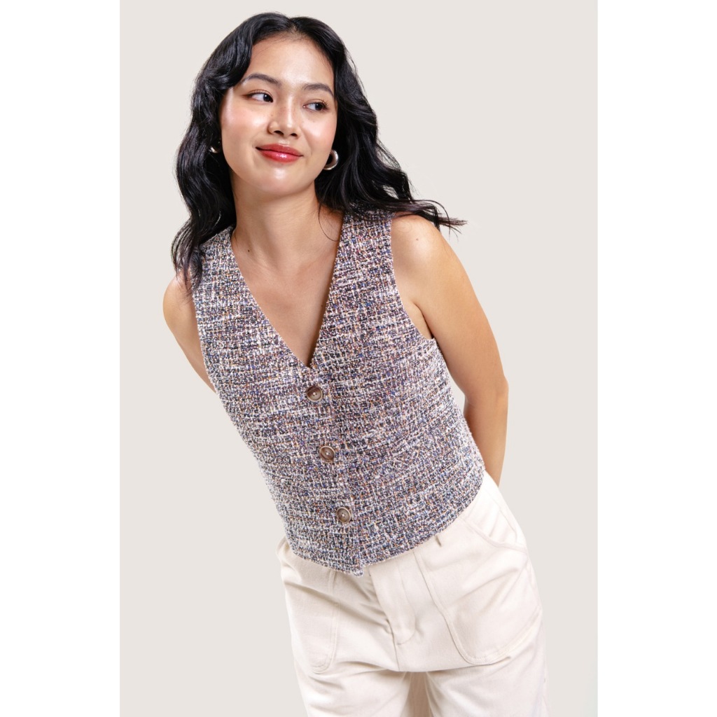 LIBÉ - Áo gilet tweed dáng suông cổ V không tay cài hàng nút họa tiết nhiều màu