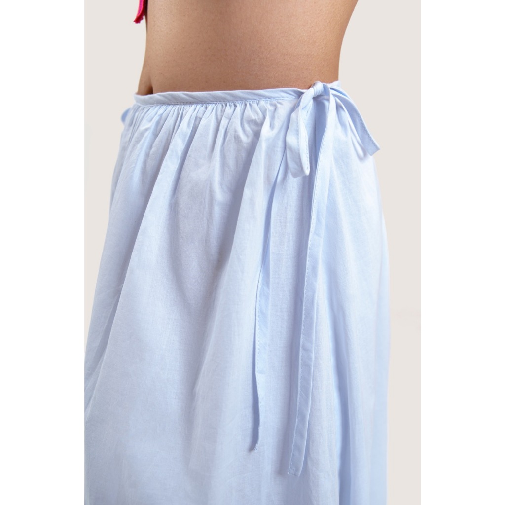 LIBÉ - Chân váy dài dáng xòe trái bí dài thắt nơ hai bên eo màu xanh da trời