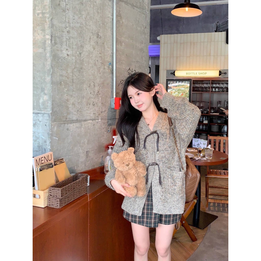 Áo Khoác Len Thắt Nơ Da Dày Dặn Phong Cách Hàn Quốc