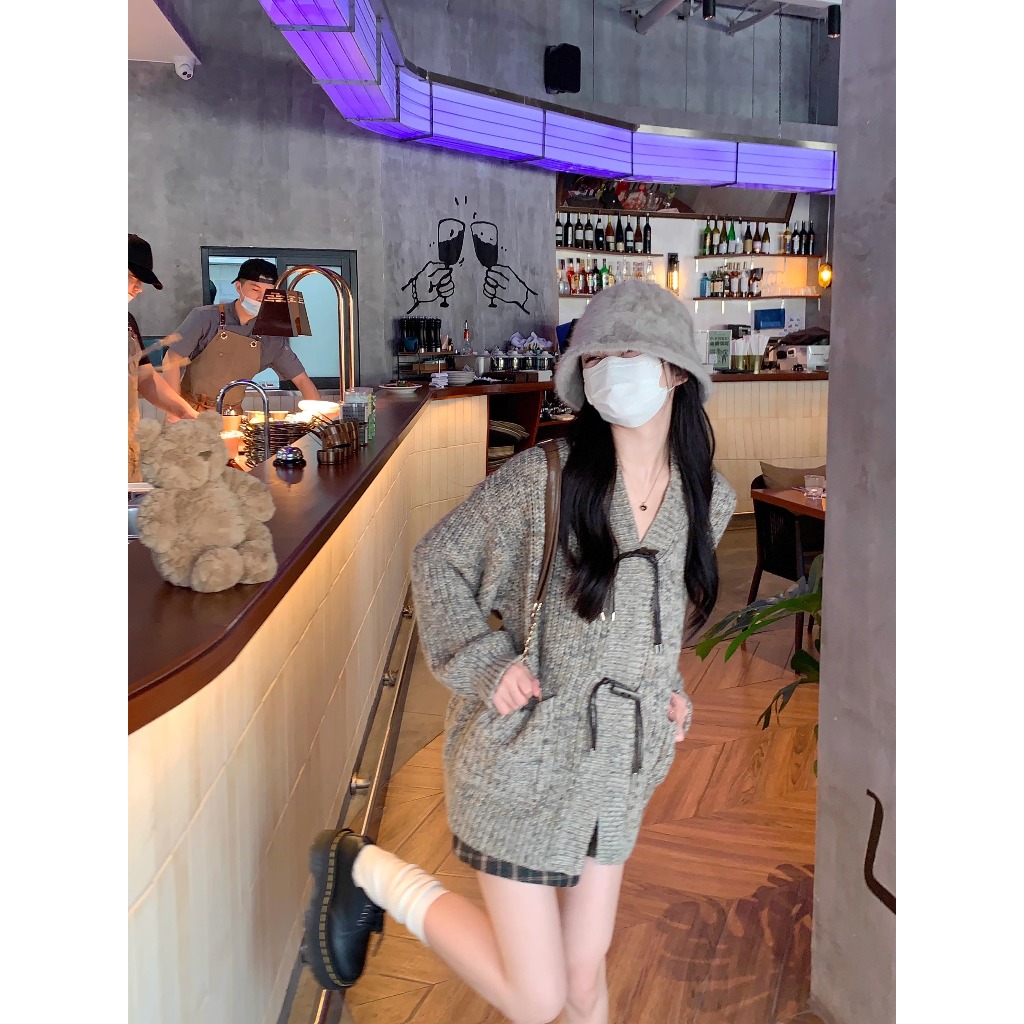 Áo Khoác Len Thắt Nơ Da Dày Dặn Phong Cách Hàn Quốc