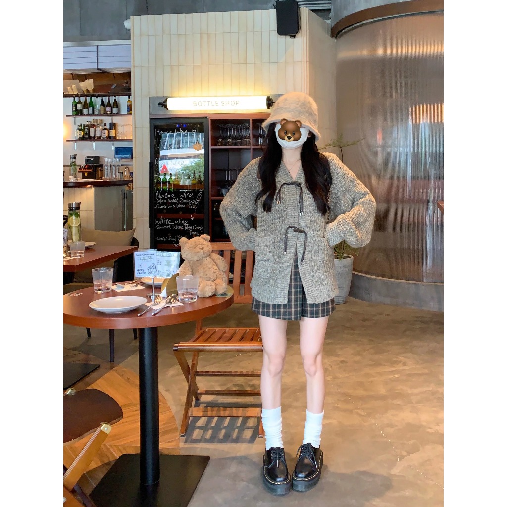 Áo Khoác Len Thắt Nơ Da Dày Dặn Phong Cách Hàn Quốc