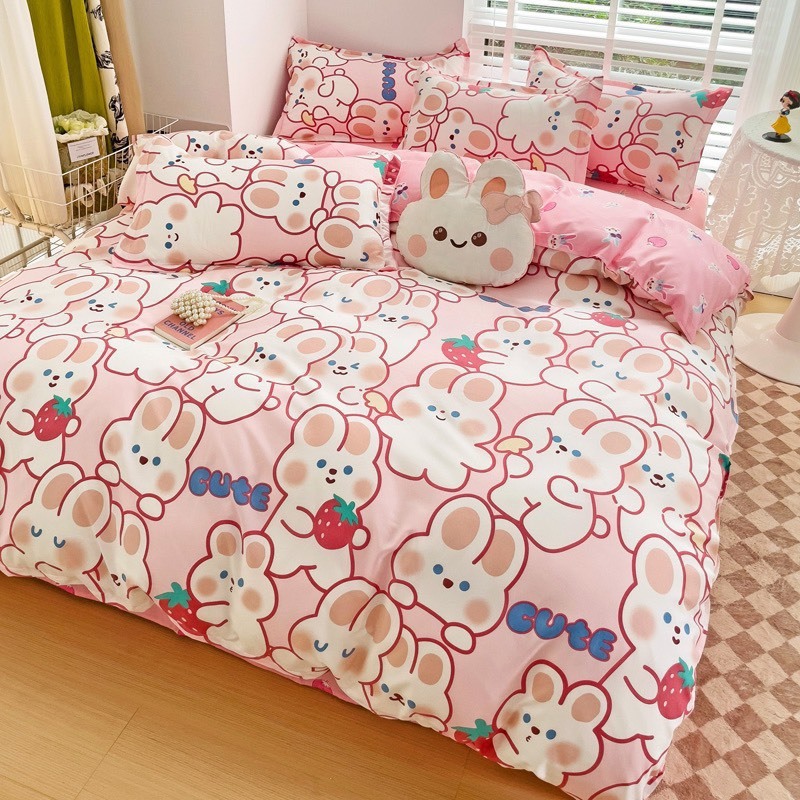 Bộ vỏ chăn ga gối cotton poly Lidaco decor phòng ngủ vintage - Thỏ dâu hồng (SP001502)