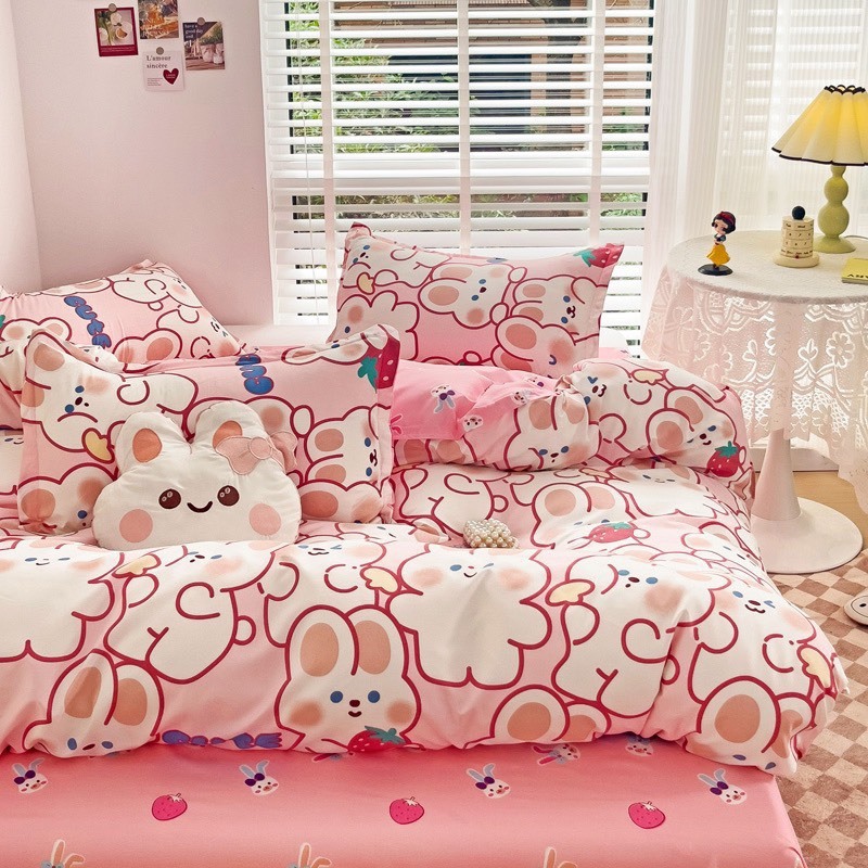 Bộ vỏ chăn ga gối cotton poly Lidaco decor phòng ngủ vintage - Thỏ dâu hồng (SP001502)