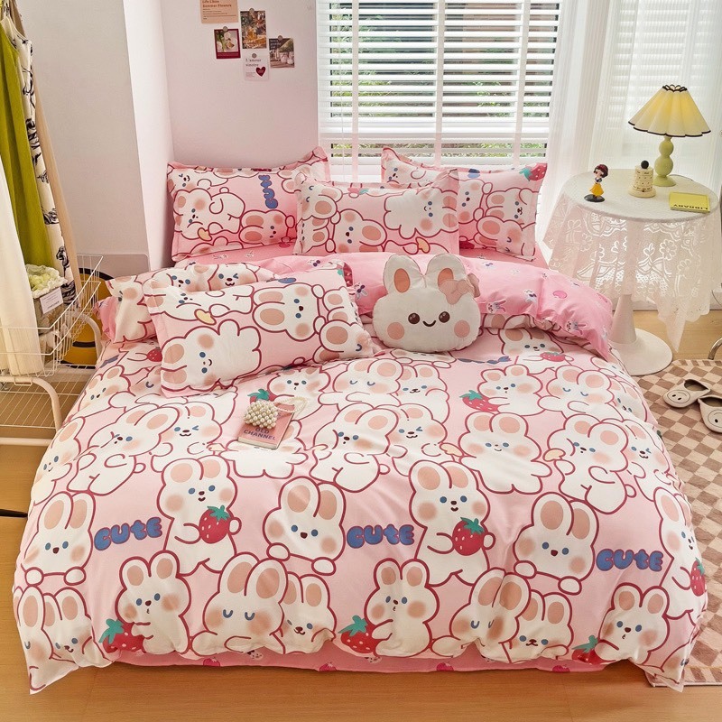 Bộ vỏ chăn ga gối cotton poly Lidaco decor phòng ngủ vintage - Thỏ dâu hồng (SP001502)