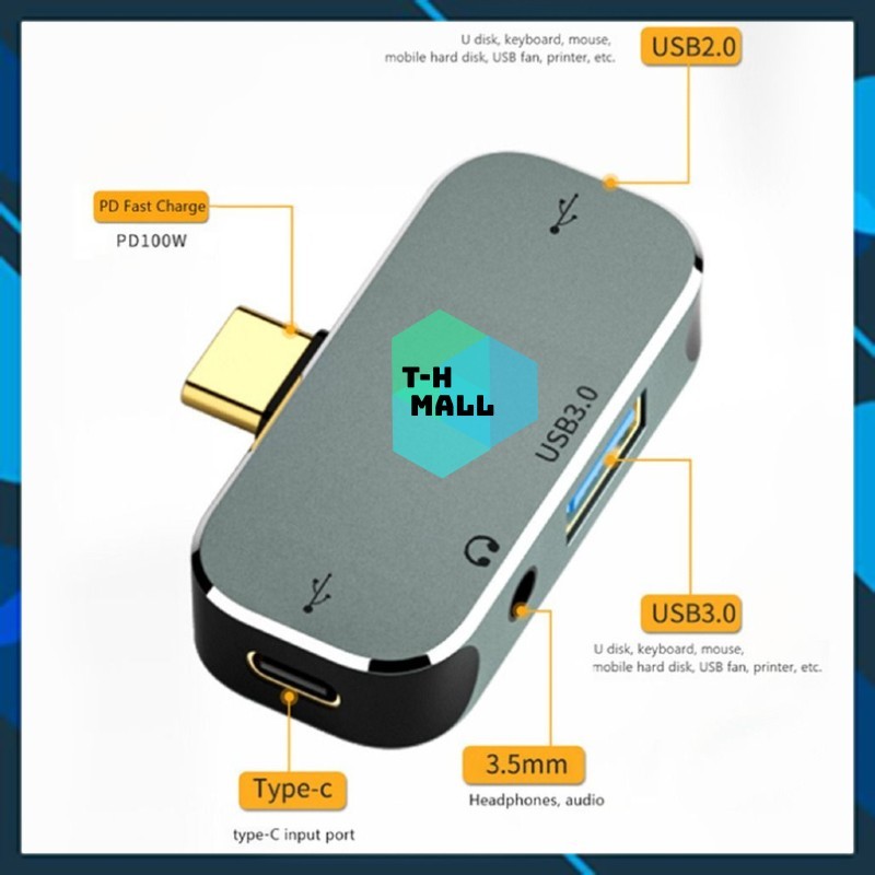 Cáp Hub Chuyển Đổi Giải Mã Âm Thanh Type C sang Cổng Audio 3.5mm và 3 cổng USB 2.0  4 trong 1 / 4 in 1 Cho Laptop PC