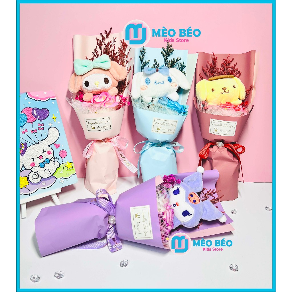Bó hoa gấu bông hình Gấu Dâu, Kuromi, Melody, Cinamoroll, Purin làm Quà tặng - Mèo Béo Kids Store
