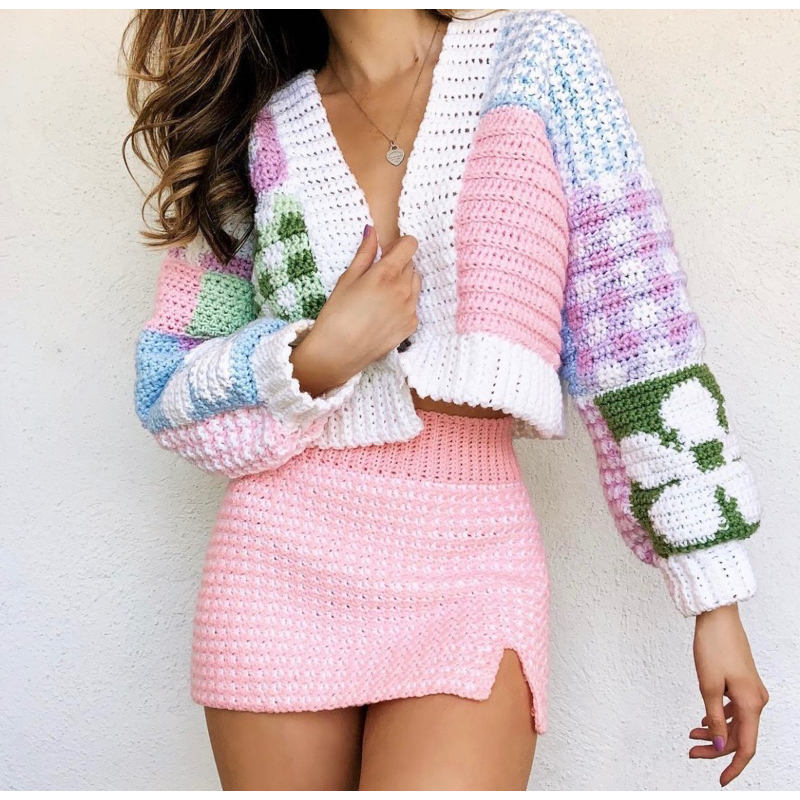 Áo khoác ô vuông len móc-Cardigan ô vuông len móc thủ công