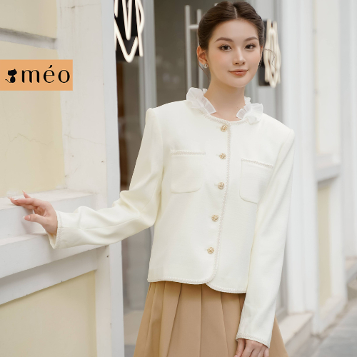 Áo khóa dạ tweed nữ Méo shop Laura, cổ tròn dáng ngắn phong trẻ trung