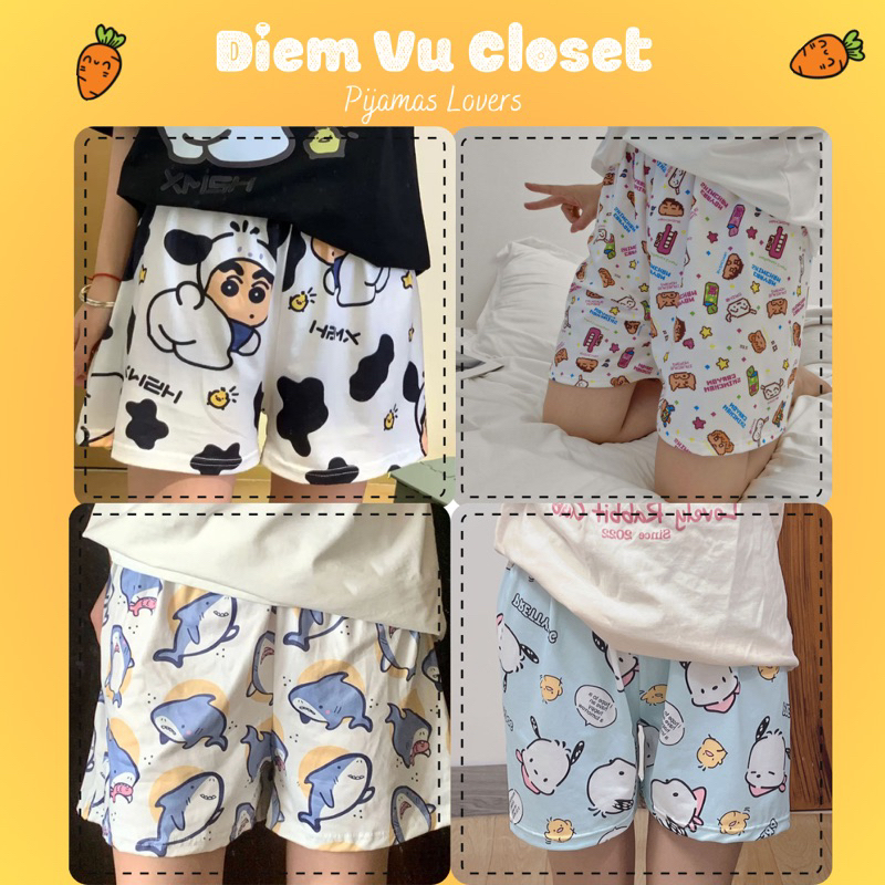 Quần short mặc nhà, quần ngủ nữ ống rộng hoạ tiết dễ thương