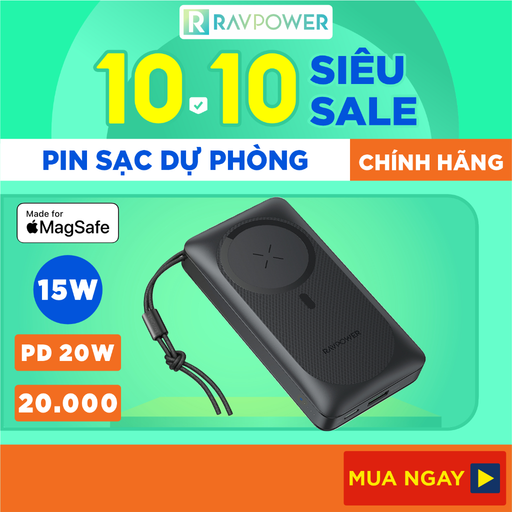 Pin Sạc Dự Phòng 20.000mAh RAVPower RP-PB1214 Sạc Nhanh 20W, Sạc Không Dây Nam Châm Từ Tính Tối Đa 15W - Hàng Chính Hãng