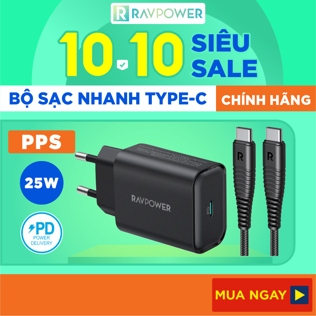 Combo Củ Sạc Nhanh 25W Type C PD 3.0 & QC 3.0 RAVPower RP-PC156 và Cáp Type C 60W Dài 1M RP-CB047 - Hàng Chính Hãng