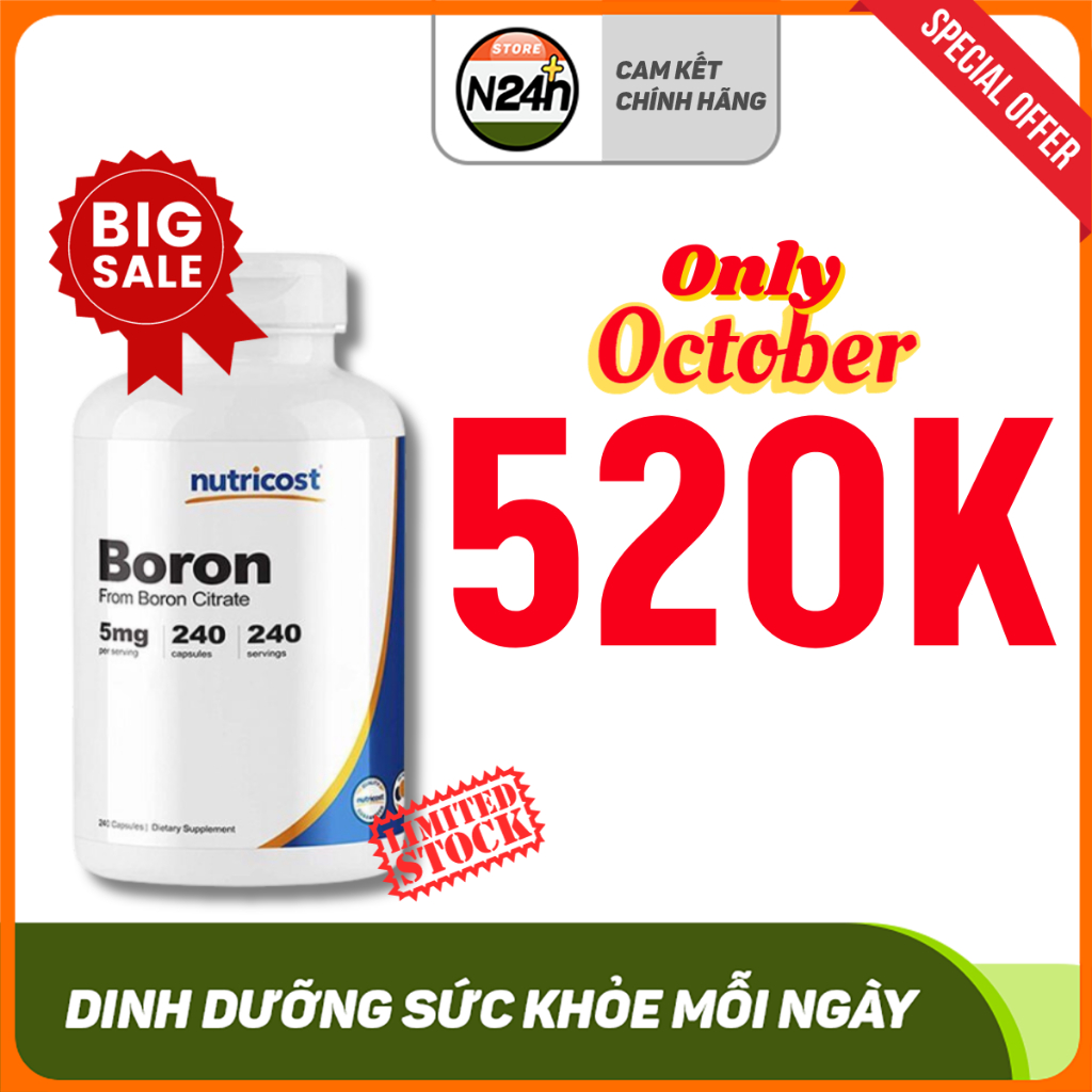 Nutricost Boron 5mg Viên Bổ Sung Boron Tăng Hệ Miễn Dịch Sinh Lý Cho Nam (240 Viên)
