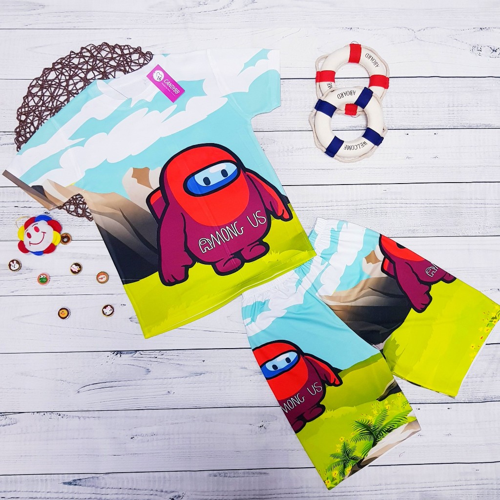 Đồ bộ bé trai thun lạnh mềm mịn, co giãn tốt 3D cộc tay hình Among Us cho bé trai size đại 10-50kg
