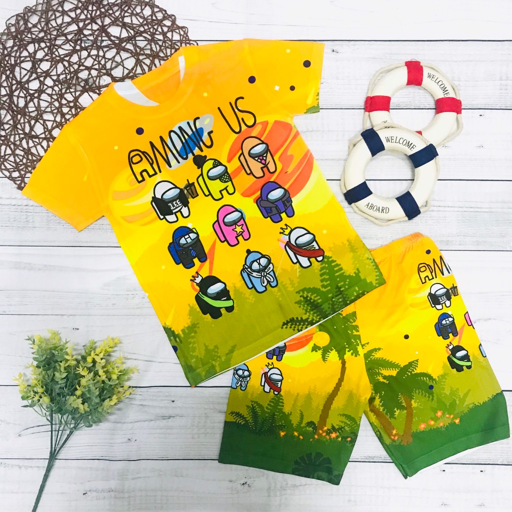Đồ bộ bé trai thun lạnh mềm mịn, co giãn tốt 3D cộc tay hình Among Us cho bé trai size đại 10-50kg