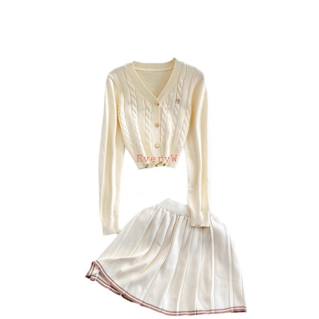 Set áo len thừng cardigan dài tay + chân váy chữ A xếp ly