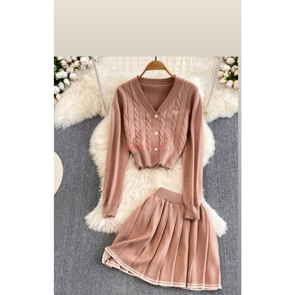 Set áo len thừng cardigan dài tay + chân váy chữ A xếp ly
