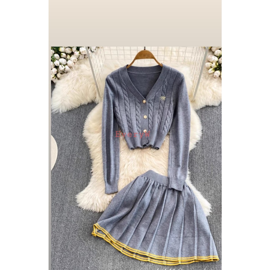 Set áo len thừng cardigan dài tay + chân váy chữ A xếp ly