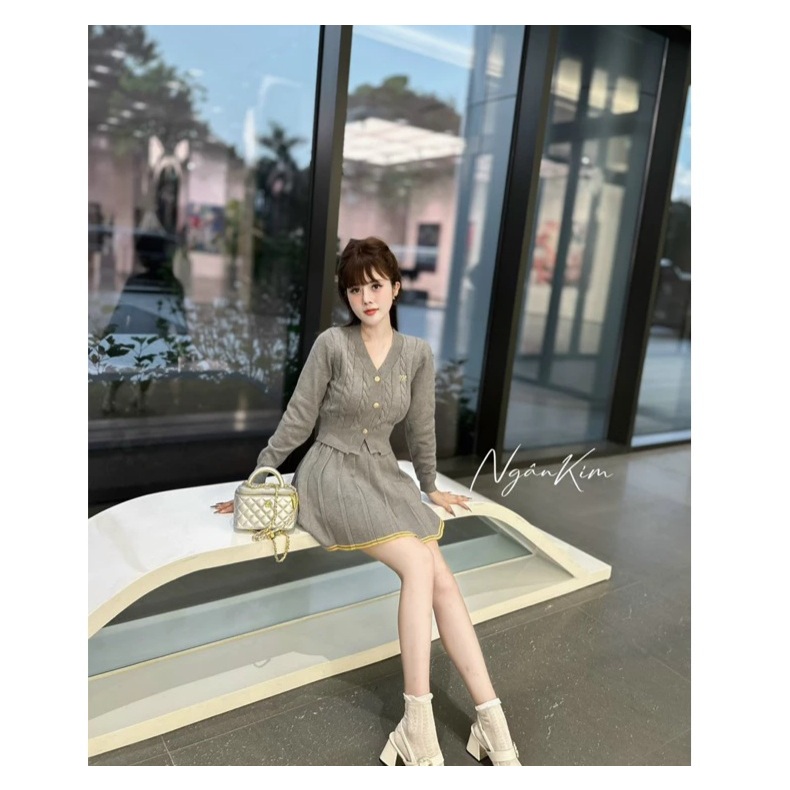 Set áo len thừng cardigan dài tay + chân váy chữ A xếp ly