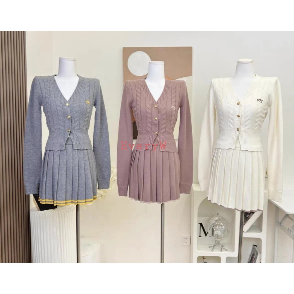 Set áo len thừng cardigan dài tay + chân váy chữ A xếp ly