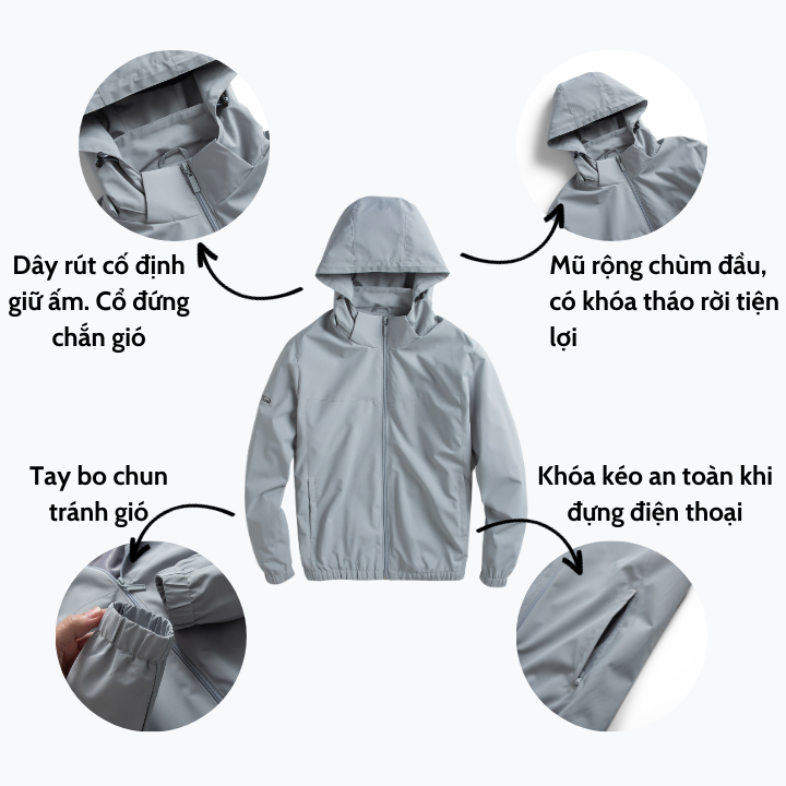 Áo Gió Nam GNH Active Cao Cấp Chống Nắng Chống Nước Cản Gió Giữ Ấm Tốt Có Mũ Tháo Rời | GNH AKG23034