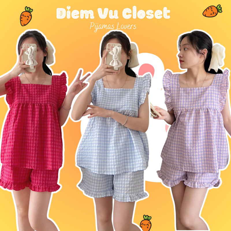 Set pijama cánh tiên caro, bộ đồ ngủ nữ mặc nhà chất đũi caro mềm