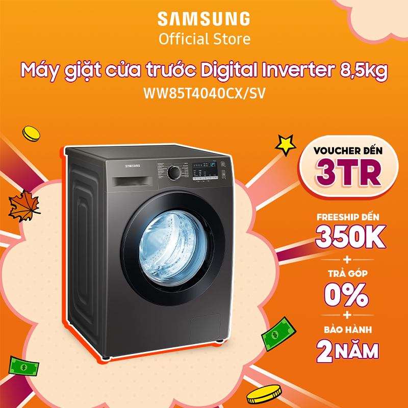 [Voucher ELSSDA10 giảm 10% Đơn từ 1TR] Máy giặt Samsung cửa trước Digital Inverter 8,5kg WW85T4040CX Miễn phí lắp đặt