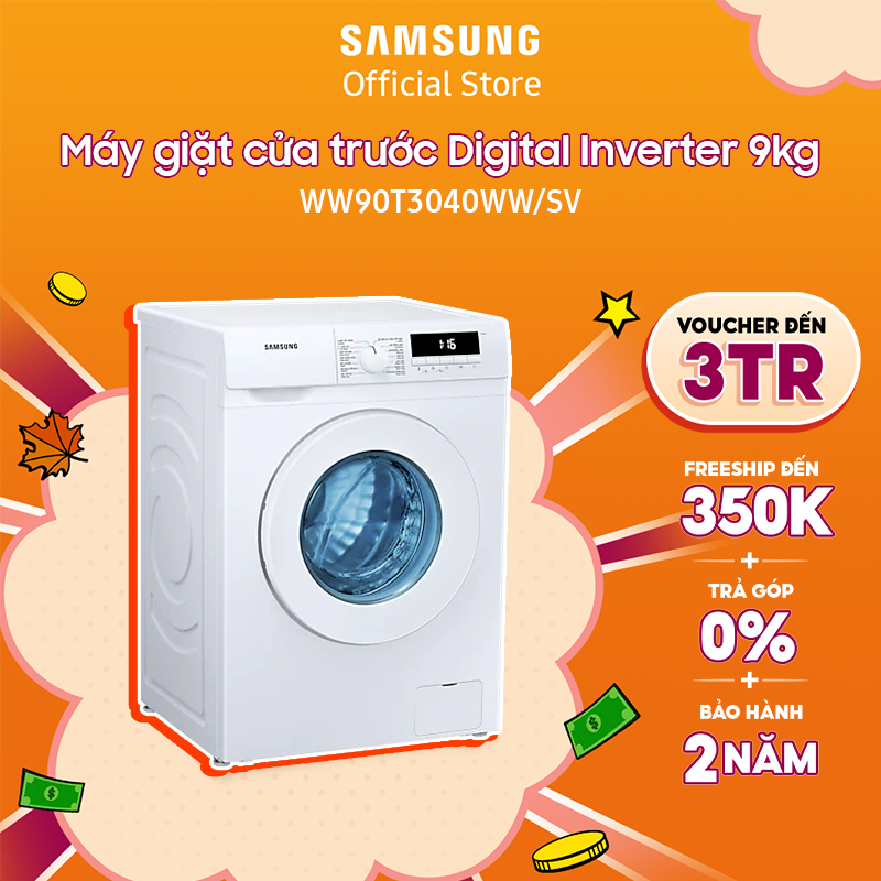 [Voucher ELSSDA10 giảm 10% Đơn từ 1TR] Máy giặt Samsung cửa trước Digital Inverter 9kg - WW90T3040WW - Miễn phí lắp đặt