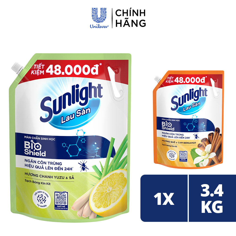 Nước lau sàn Sunlight BIOSHIELD Ngăn côn trùng hiệu quả | Túi 3,4 KG | Chanh Yuzu & Sả | Quế & Cam Bergamot