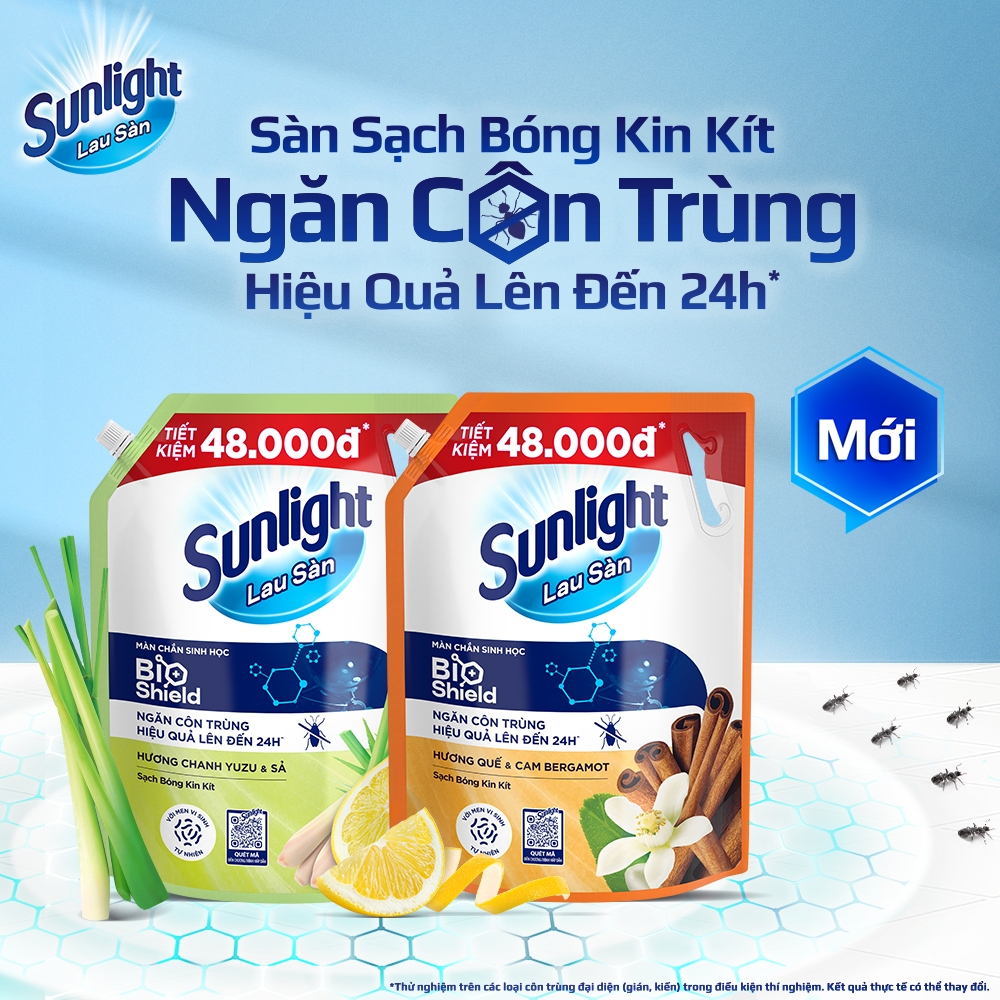 Nước lau sàn Sunlight BIOSHIELD Ngăn côn trùng hiệu quả | Túi 3,4 KG | Chanh Yuzu & Sả | Quế & Cam Bergamot