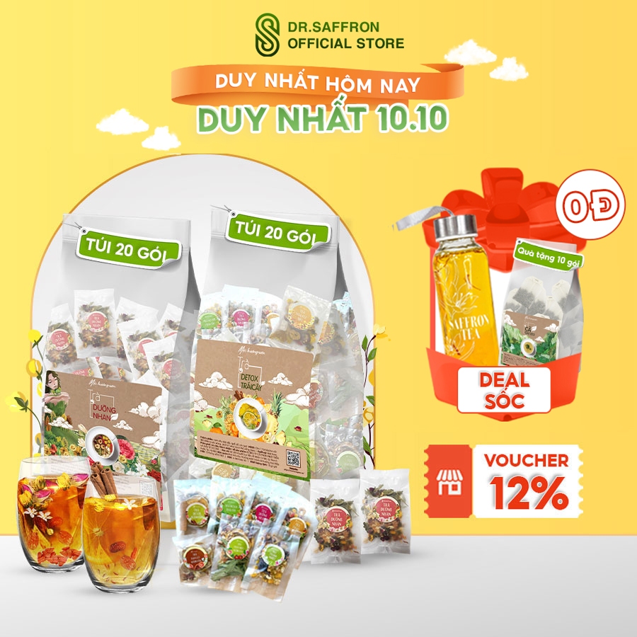 Set 40 gói trà detox dưỡng nhan mix vị tặng bình nước, hạt chia giúp đẹp da, đẹp dáng