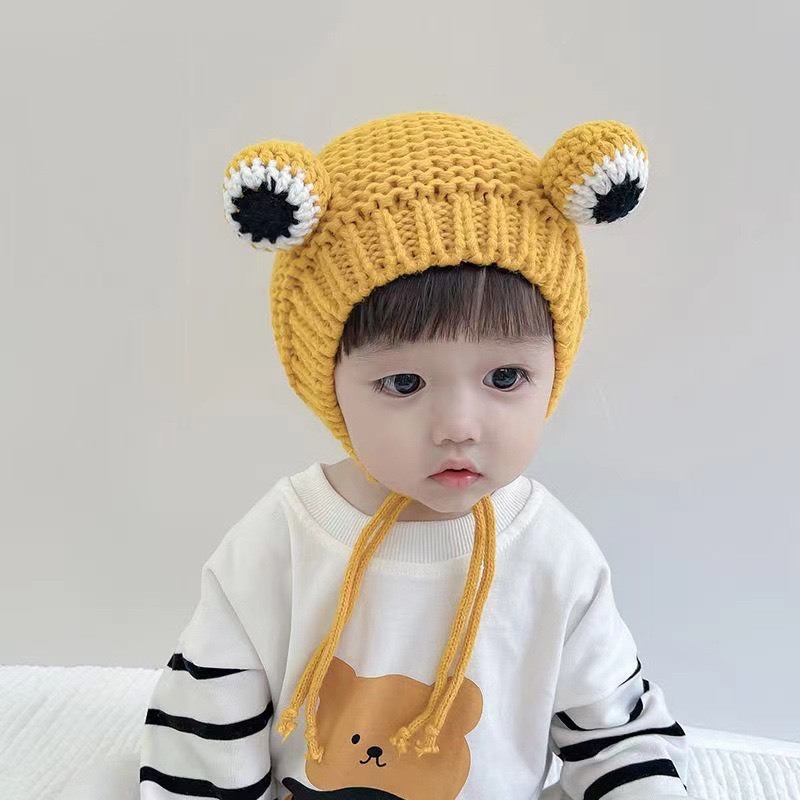 Mũ len cho bé mũ đen hình mắt ếch cho bé siêu đáng yêu