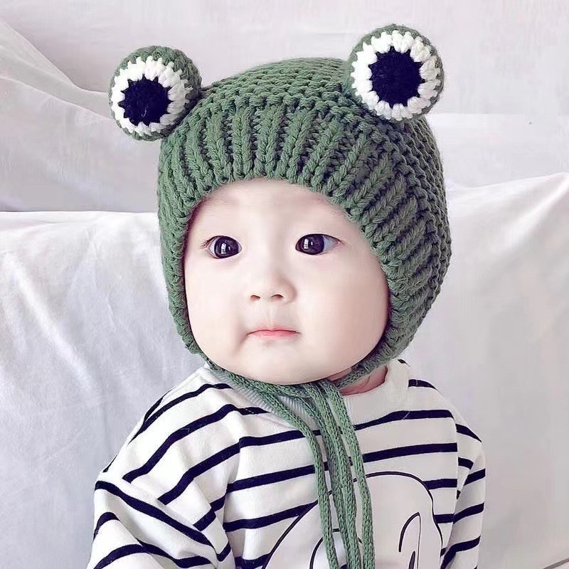 Mũ len cho bé mũ đen hình mắt ếch cho bé siêu đáng yêu