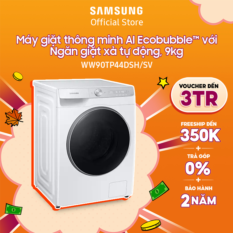 [Voucher ELSSDA10 giảm 10% Đơn từ 1TR] Máy giặt thông minh Samsung AI Ecobubble 9kg WW90TP44DSH/SV Miễn phí lắp đặt