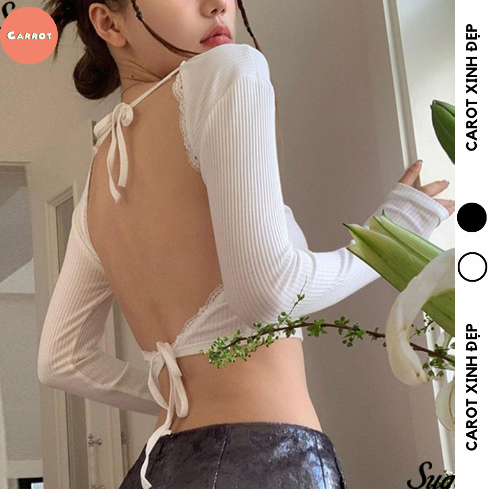 Áo croptop hở lưng sexy thiết kế phối ren trắng đen đi chơi carrotxinhdep vải co giãn mềm mịn