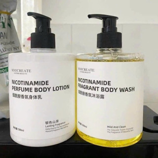 Combo sữa dưỡng thể, sữa tắm dưỡng trắng hương nước hoa Niacinamide MAYCREATE 500ml