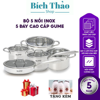 Bộ nồi chảo inox 5 món cao cấp Gume Hàn Quốc 5 đáy dùng cho mọi loại bếp
