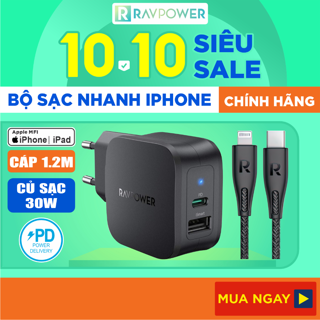 Combo Củ Sạc Nhanh PD 3.0 30W QC 3.0 18W RP-PC132 & Cáp USB Type C to L MFI C94 20W 1.2M RAVPower RP-CB1017-B