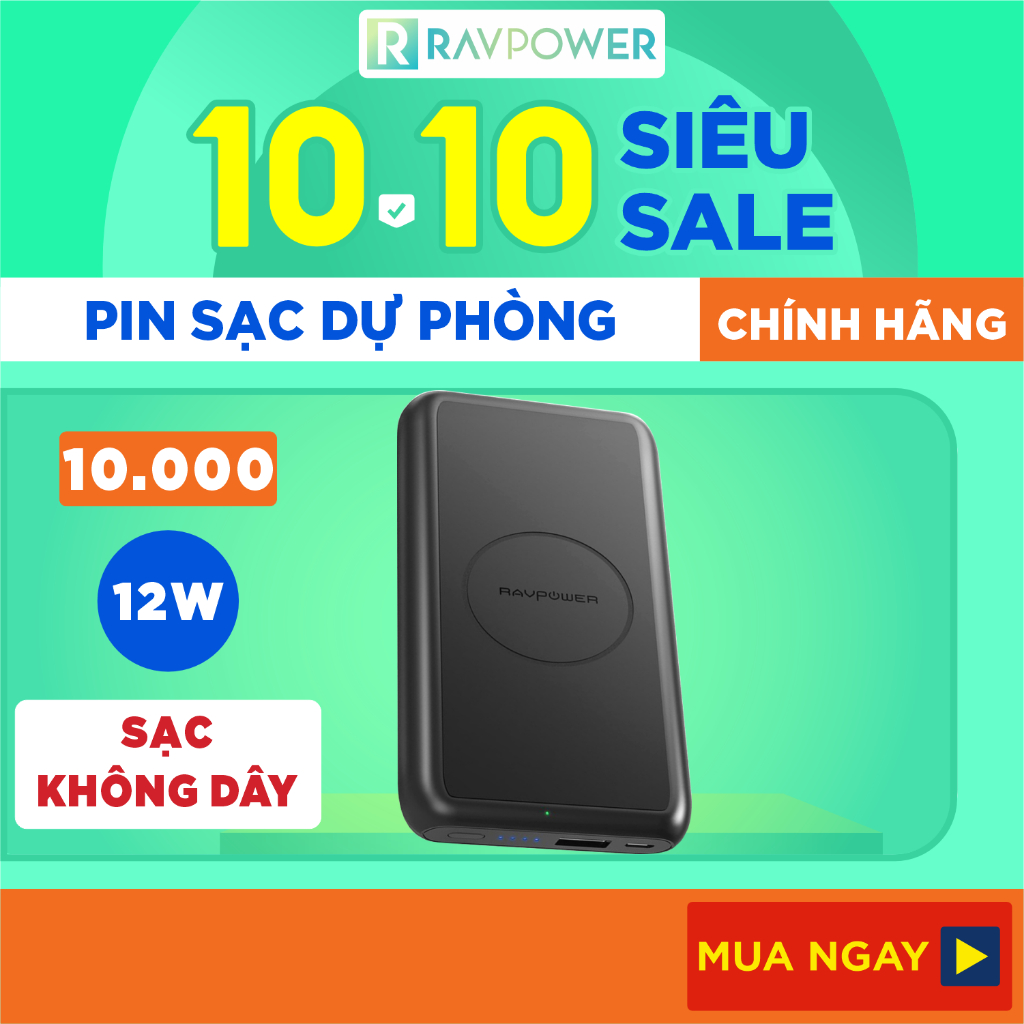 Pin Sạc Dự Phòng Tích Hợp Sạc Không Dây RAVPower RP-PB081 10.000mAh 12W Input Type-C - Hàng Chính Hãng