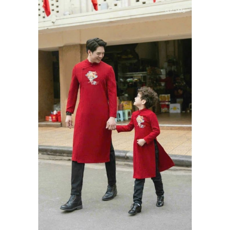 Áo dài gia đình màu xanh cốm  đỏ tươi 💝FREESHIP💝 Áo dài cách tân gia đình sang đẹp