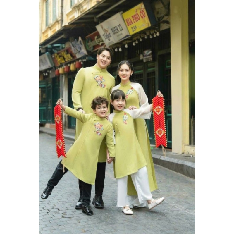 Áo dài gia đình màu xanh cốm  đỏ tươi 💝FREESHIP💝 Áo dài cách tân gia đình sang đẹp