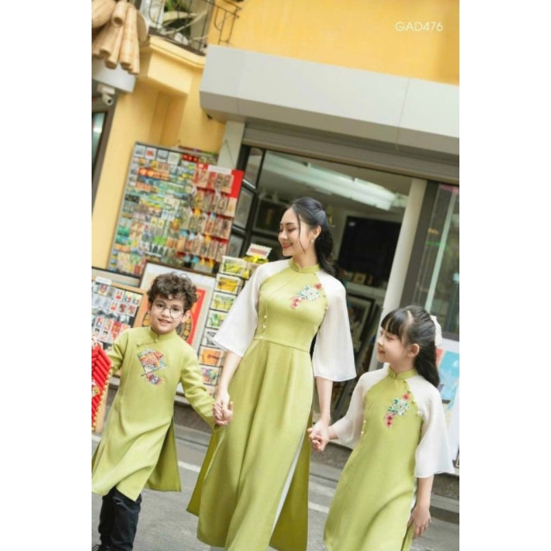 Áo dài gia đình màu xanh cốm  đỏ tươi 💝FREESHIP💝 Áo dài cách tân gia đình sang đẹp