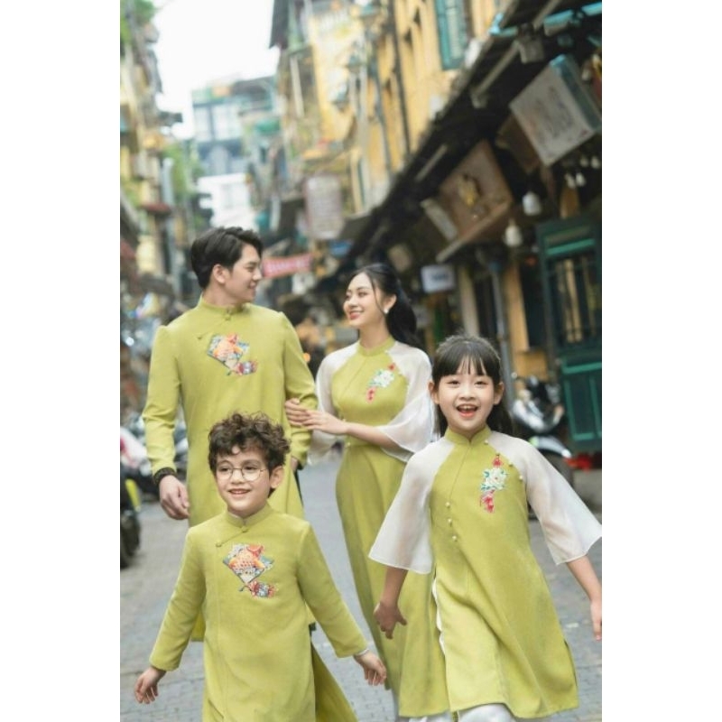 Áo dài gia đình màu xanh cốm  đỏ tươi 💝FREESHIP💝 Áo dài cách tân gia đình sang đẹp