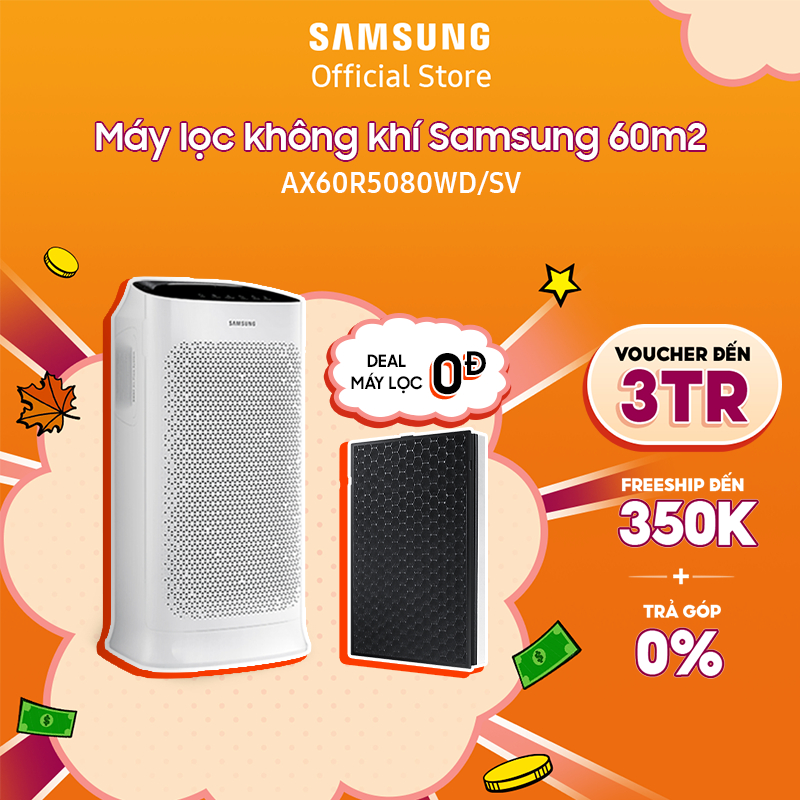 [Voucher ELSSDA10 giảm 10% Đơn từ 1TR] Máy lọc không khí Samsung 60m2 AX60R5080WD, lọc bụi mịn PM0.3, kháng khuẩn 99.9%