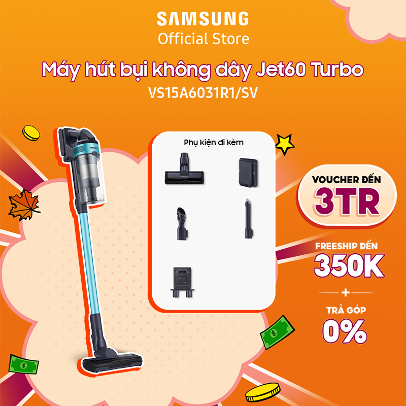 [Voucher ELSSDA10 giảm 10% Đơn từ 1TR] Máy hút bụi không dây Samsung Jet60 Turbo lực hút mạnh 150W (VS15A6031R1)