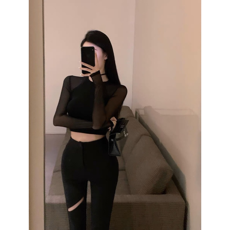 Áo kiểu thun lưới tay dài cổ tròn cao croptop cho nữ