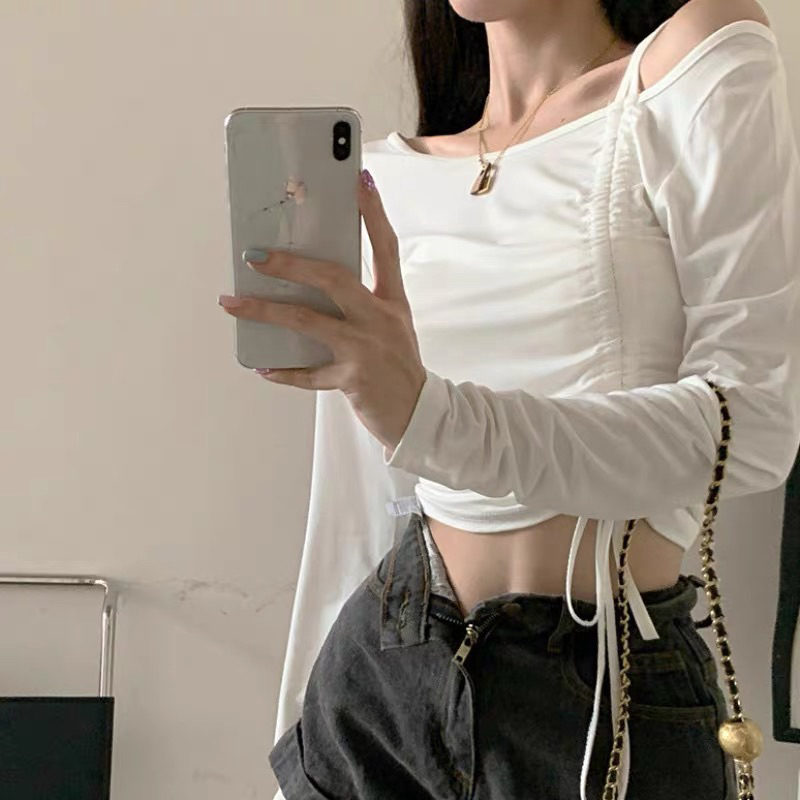 Áo kiểu thun croptop trễ vai dây rút tay dài cute cho nữ