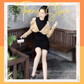 Đầm body đen phối áo sơ mi hở vai tay dài cá tính!