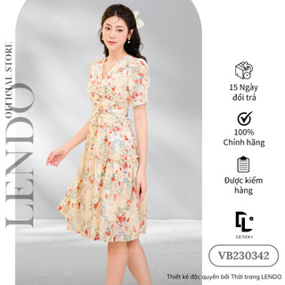 Đầm Váy Công Sở LENDO VB230342 Dáng Xòe Tay Ngắn Cổ V Nhún Eo Đính Ngọc Tơ Hoa Nhí Đi Chơi Đi Biển LENDO